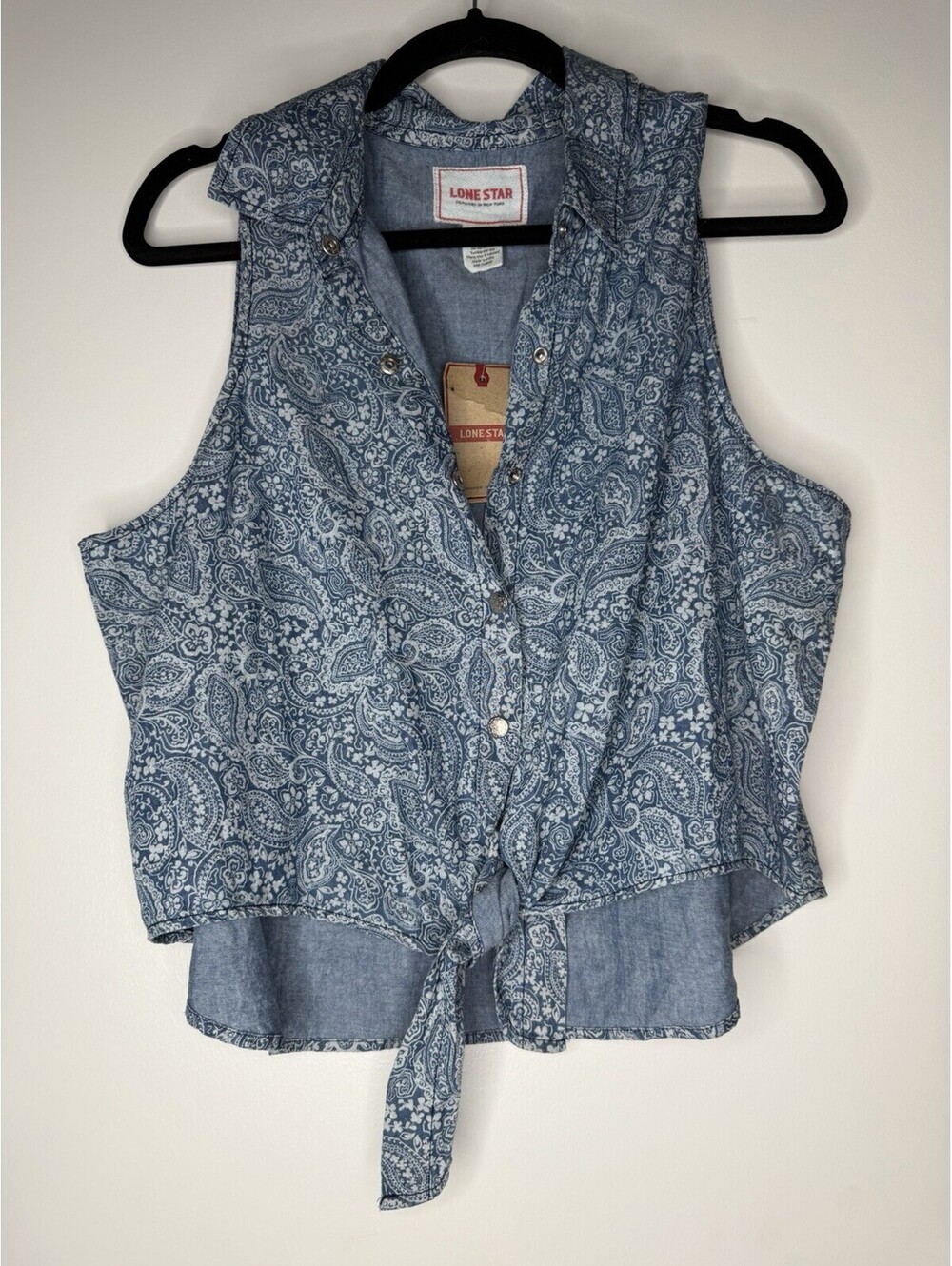 LONE STAR Women's Blue Paisley Sleeveless Tie-Front Crop Shirt Western SMALL